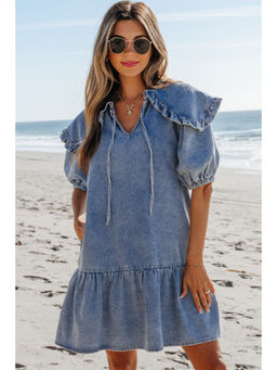 PARTIQ - Dusk Blue Ruffled Collared Side Pockets Puff Sleeve Denim Mini Dress