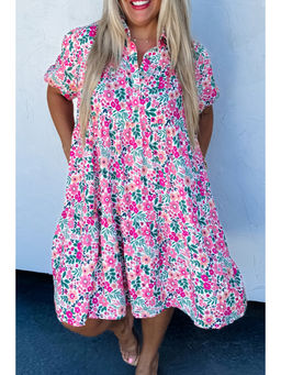 PARTIQ - Pink Plus Size Floral Half Button Short Puff Sleeve A-line Dress