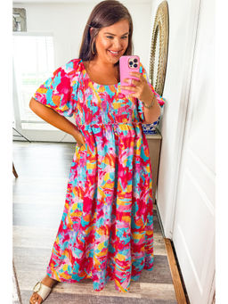 PARTIQ - Rose Abstract Printed Puff Sleeve Square Neck Smocked Bust Tied Back Plus Size Dress