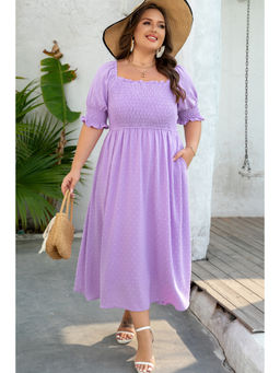 PARTIQ - Wisteria Swiss Dot Smocked Frilled Neckline Short Sleeve Plus Size Dress