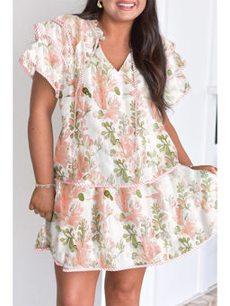 PARTIQ - Pink Plus Size Floral Print Striped Detail Short Summer Dress