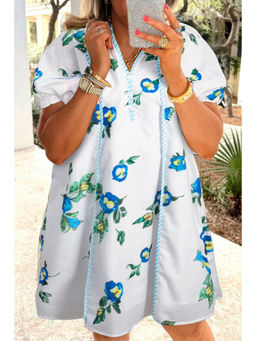 PARTIQ - White Plus Size Floral Short Puff Sleeve Contrast Tie V Neck Dress