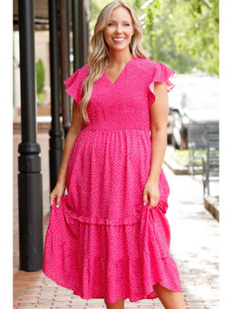 PARTIQ - Rose Polka Dot Print Ruffled Smocked High Waist Plus Midi Dress