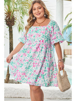PARTIQ - White Floral Print Ric-rac Trim Square Neck Plus Size Mini Dress