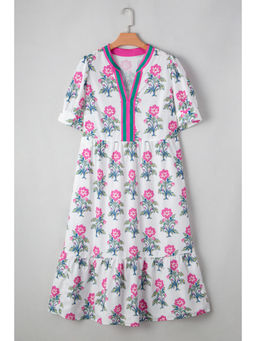 PARTIQ - White Allover Print Contrast Split Neckline Short Puff Sleeve Curvy Dress