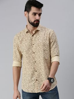 SHOWOFFFF - Men Casual Collar Neck Beige Floral Shirt