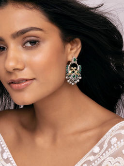 Indya - Earthen BY INDYA Dual Tone Green Peacock Chaandbali Earrings