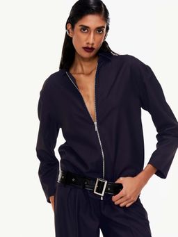 Qua - Navy Blue Solid Lycra Collar Neck Shirt
