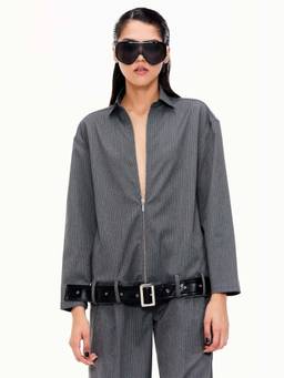 Qua - Grey Stripes Lycra Collar Neck Shirt