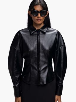 Qua - Black Solid Faux Leather Collar Neck Shirt