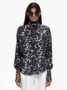 Qua - Black Abstract Polyester High Neck Shirt
