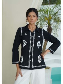 House of Chikankari - Black Cotton Slub Chikankari Shirt