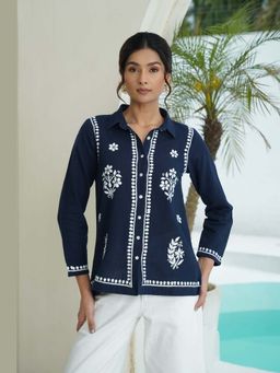 House of Chikankari - Navy Blue Cotton Slub Chikankari Shirt