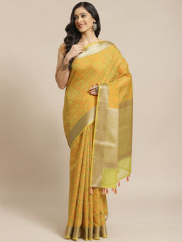 Indethnic - Banarasi Lime Green Woven Design Work Wear Saree With Unstitched Blouse
