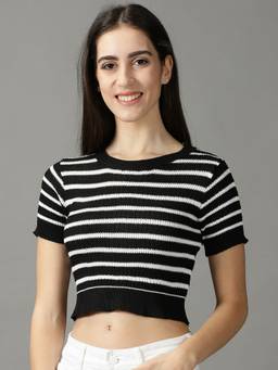 SHOWOFFFF - Womens Round Neck Fitted Stripes Black Crop Top