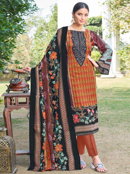 MOJILAA - Cotton Striped Embroidered Pakistani Style Kurta with Pants Dupatta (Set of 3)