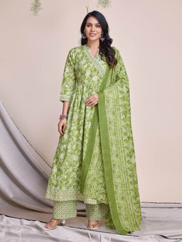 MOJILAA - Green Bagh Gota Patti Angrakha Kurta with Palazzo Dupatta (Set of 3)