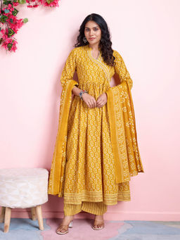 MOJILAA - Yellow Floral Print Gota Patti Angrakha Kurta with Palazzo Dupatta (Set of 3)
