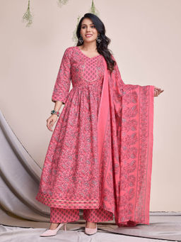 MOJILAA - Pink Ethnic Motifs Gota Patti Flared Kurta with Palazzo Dupatta (Set of 3)