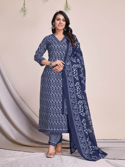 MOJILAA - Blue Printed Gota Patti Straight Kurta with Afghani Salwar Dupatta (Set of 3)
