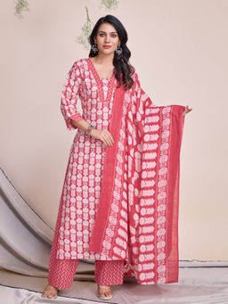 MOJILAA - Coral Floral Gota Patti Straight Kurta with Palazzo & Dupatta (Set of 3)