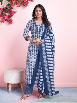 MOJILAA - Blue Floral Gota Patti Straight Kurta with Palazzo Dupatta (Set of 3)