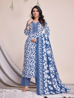MOJILAA - Blue Floral Gota Patti Straight Kurta with Palazzo Dupatta (Set of 3)