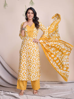 MOJILAA - Yellow Floral Gota Patti Straight Kurta with Palazzo & Dupatta (Set of 3)