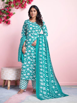 MOJILAA - Green Floral Block Print Straight Kurta with Palazzo Dupatta (Set of 3)