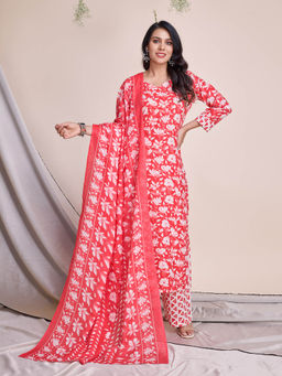 MOJILAA - Red Floral Block Print Straight Kurta with Palazzo & Dupatta (Set of 3)