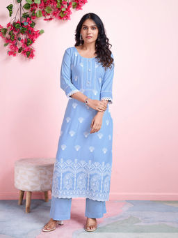 MOJILAA - Blue Rayon Paisley Chikankari Straight Kurta with Trousers (Set of 2)