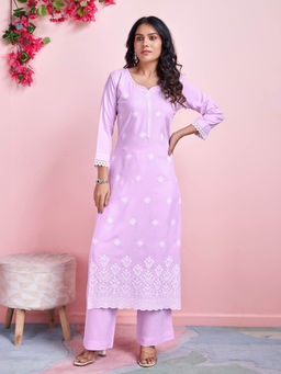 MOJILAA - Lavender Rayon Floral Chikankari Straight Kurta with Trousers (Set of 2)