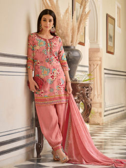 MOJILAA - Pink Muslin Silk Floral Mirror Work Kurta with Afghani Salwar & Dupatta (Set of 3)