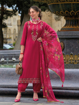 MOJILAA - Pink Viscose Floral Embroidered Kurta with Afghani Salwar Dupatta (Set of 3)