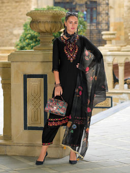 MOJILAA - Black Viscose Floral Embroidered Kurta with Afghani Salwar & Dupatta (Set of 3)