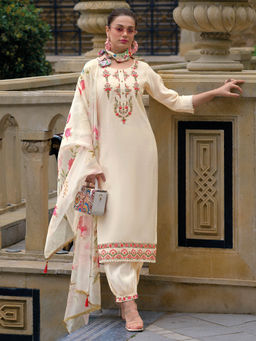 MOJILAA - Cream Viscose Floral Embroidered Kurta with Afghani Salwar & Dupatta (Set of 3)