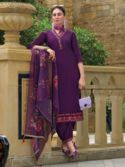MOJILAA - Purple Viscose Floral Embroidered Kurta with Afghani Salwar & Dupatta (Set of 3)
