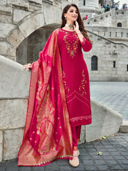 MOJILAA - Pink Viscose Floral Embroidered Kurta with Pants & Jacquard Dupatta (Set of 3)