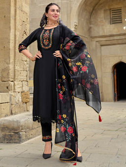 MOJILAA - Black Viscose Floral Embroidered Straight Kurta with Pants & Dupatta (Set of 3)
