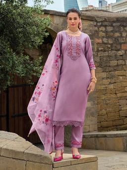 MOJILAA - Lavender Viscose Floral Embroidered Straight Kurta with Pants & Dupatta (Set of 3)