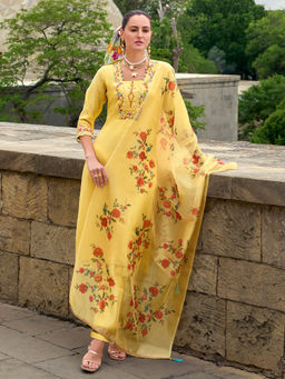 MOJILAA - Yellow Viscose Floral Embroidered Straight Kurta with Pants & Dupatta (Set of 3)