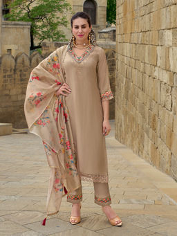MOJILAA - Khaki Viscose Floral Embroidered Straight Kurta with Pants & Dupatta (Set of 3)