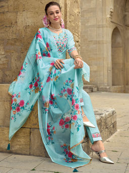 MOJILAA - Sky Blue Viscose Floral Embroidered Straight Kurta with Pants & Dupatta (Set of 3)