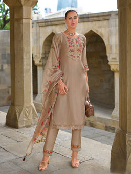MOJILAA - Khaki Viscose Floral Embroidered Straight Kurta with Pants & Dupatta (Set of 3)