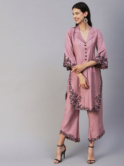 FASHOR - Solid Floral Embroidered Straight Fit Co-ord Set - Lavender