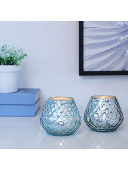 HomeTown - Zahara Glass Honeycomb Votives In Teal (Set of 2)