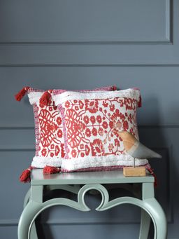 Revive Home - Peach Flower Printed Cushion Cover With Fringes And Tassels (Set Of 2)