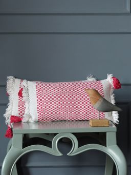 Revive Home - Hand Woven Cushion Cover With Tassels And Fringes In Pink And White (Set Of 2)