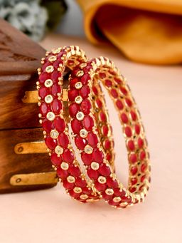 Silvermerc Designs - Gold Plated Red Stone Studded Handcrafted Bangles (Set of 2)
