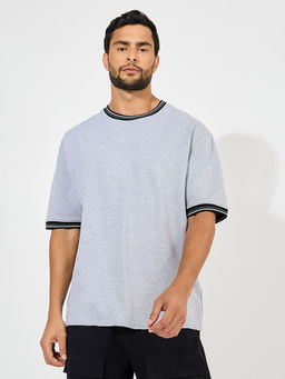 Styli - Men Grey Solid Cotton Terry Ringer T-Shirt with Contrast Rib Neck Detail